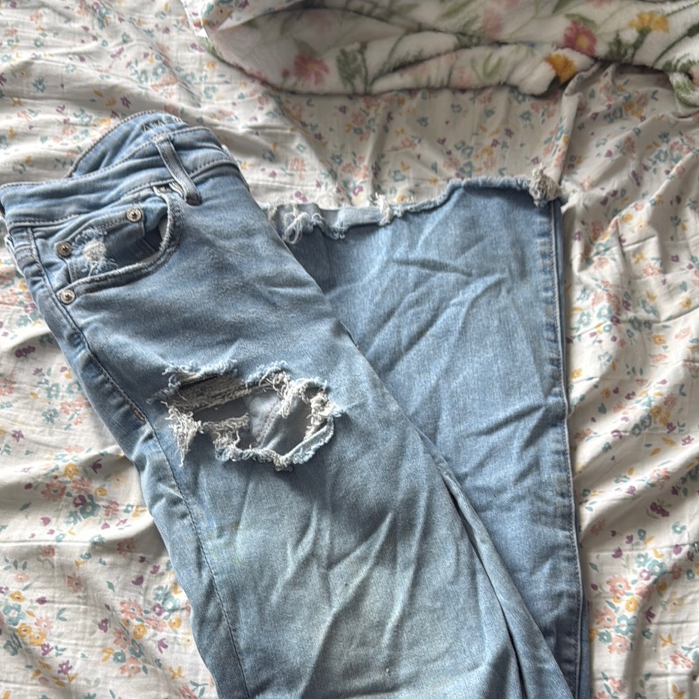 American eagle blue jeans, Very stretchy, Slight grass stain, Slightly warn